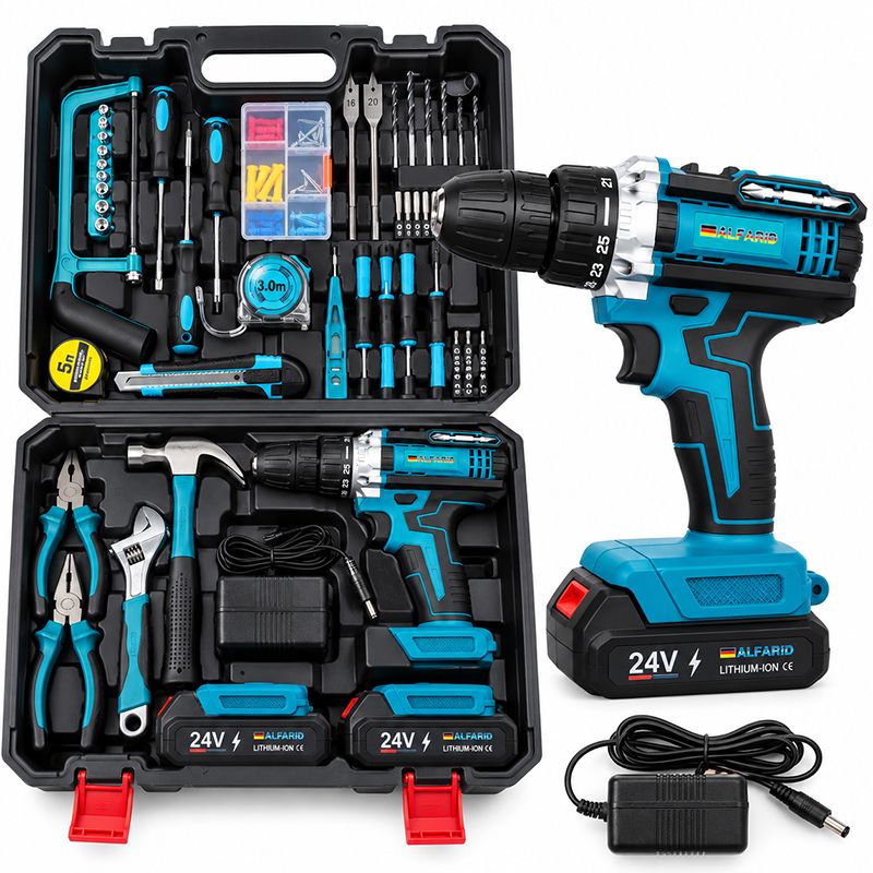 Mașină de găurit și înșurubat cu impact ALFARID BF550, 24V, 5Ah + set mare de scule