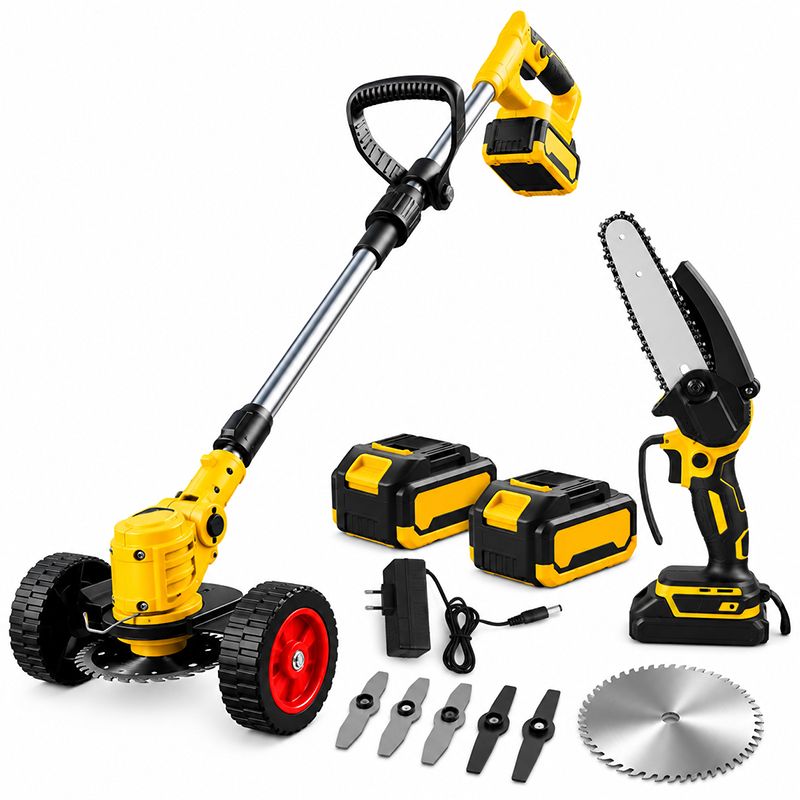 Set 2 în 1 motocoasă cu acumulator pe roți + mini-ferăstrău cu lanț, 48V, 2 acumulatori