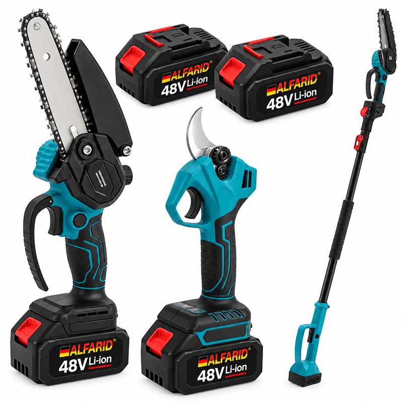 Set unelte de grădină cu acumulator ALFARID 3 în 1 – foarfecă, mini-ferăstrău și prelungitor telescopic, 48V, 2 acumulatori